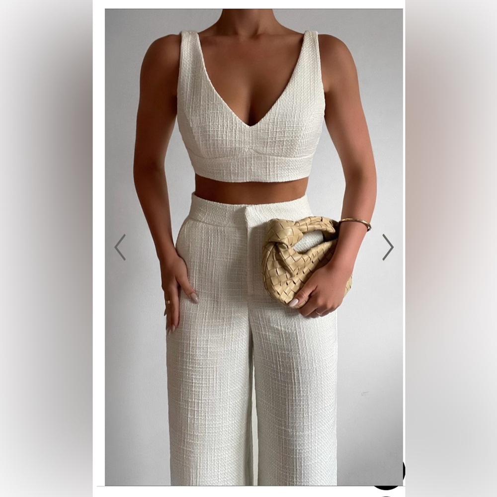Showpo Ivory Textured Wide Leg Pants & Top Set